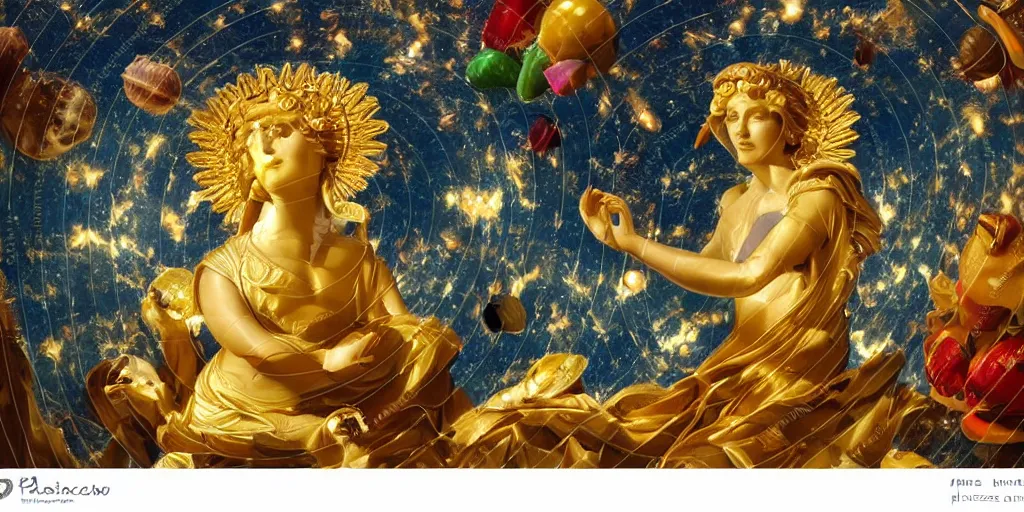 Prompt: MARBLE drap majestic baroque sistina saint Woman Venus godness Athena beautiful gracious pagans marble and gold in space stars clouds suns greeks, coerent face and body, fruits, bioluminescent skin, bees, pomegranade