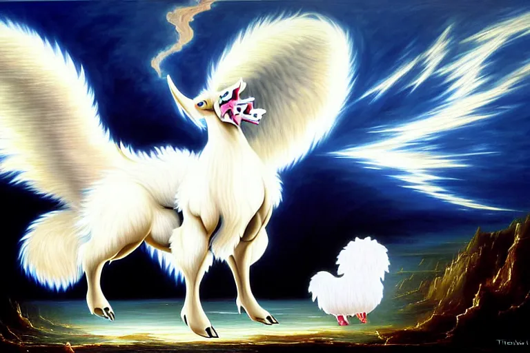 Image similar to a dramatic and detailed oil painting of absol from pokemon and a natural disaster by thomas cole and ken sugimori | absol has white fur, spurs, a sheep's face, each of it's four limbs ends in large paws with three clawed talons, the floof of a white silkie chicken shaped like a sleek edgy wolf