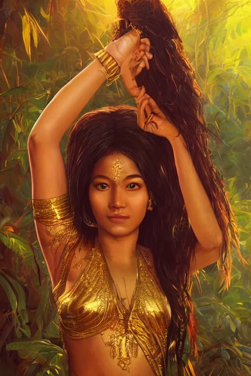 Image similar to stunningly beautiful, nepali dancer in jungle, symmetrical face, golden hour, smooth, focus, highly detailed, hyper realistic, dramatic lighting, elegant, intricate, concept art, art by wlop, mars ravelo, greg rutowski, artstation