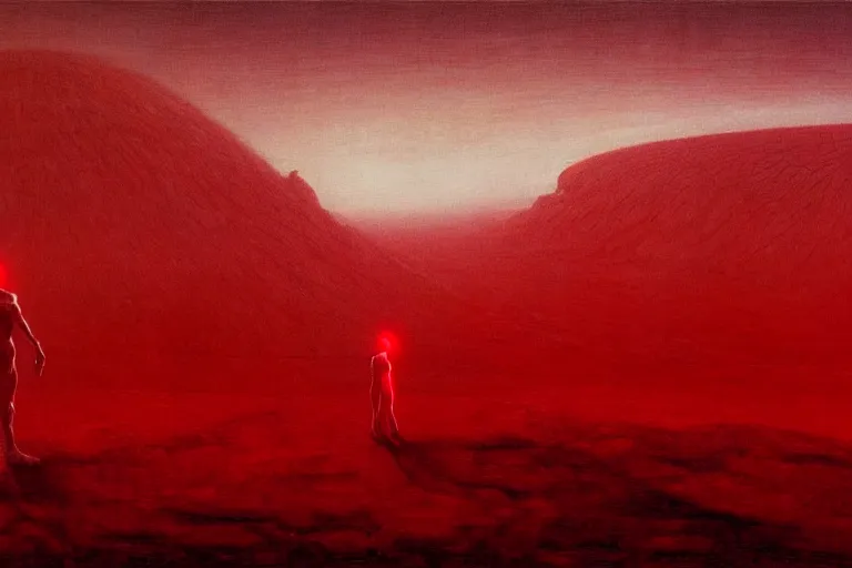 Image similar to only with red, a red god of death eat apple, a futuristic city on mars in background, an ancient path, pathos, in the style of beksinski, part by hopper, part by rodcenko, part by hofbauer, intricate composition, red by caravaggio, insanely quality, highly detailed, masterpiece, red light, artstation