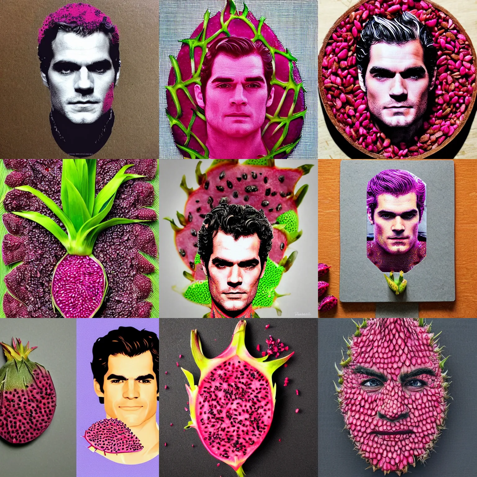 Image similar to dragonfruit portrait of henry cavill, made of dragonfruit seeds, inside a dragonfruit