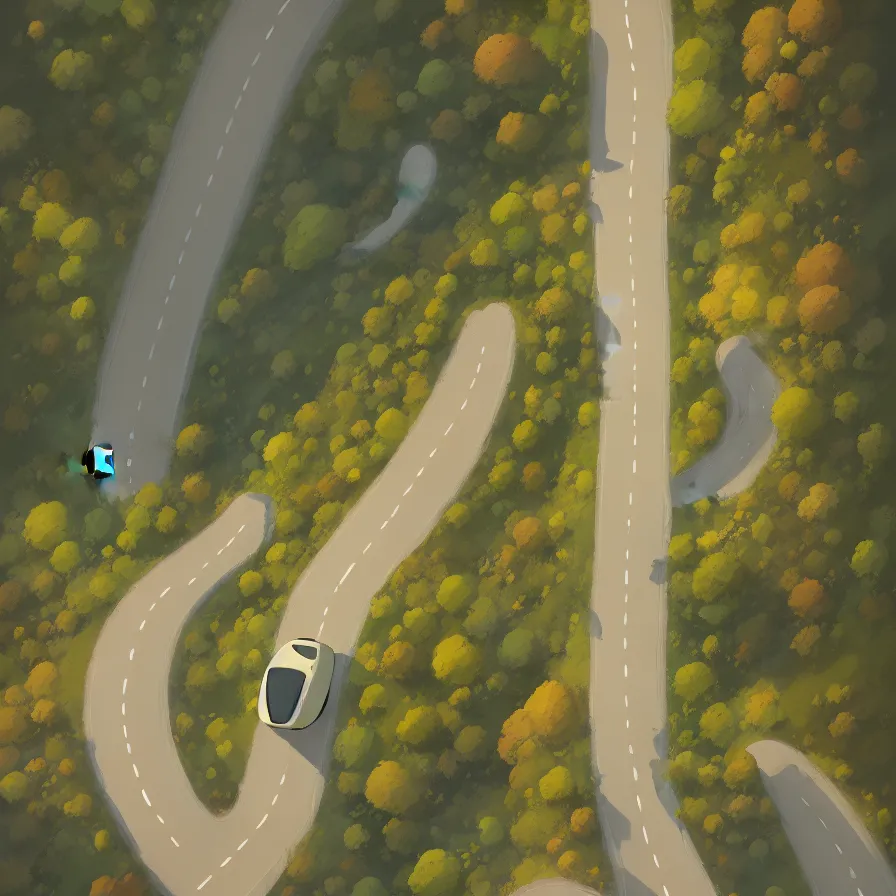 Image similar to Goro Fujita illustrating View from above of a mountain road descending in curves, art by Goro Fujita, concept art, sharp focus, ArtStation