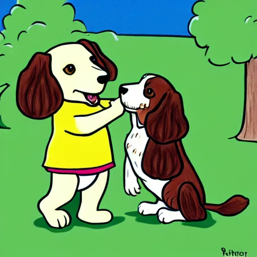 Prompt: a cute spaniel playing with Rupert Bear, illustration, hand drawn