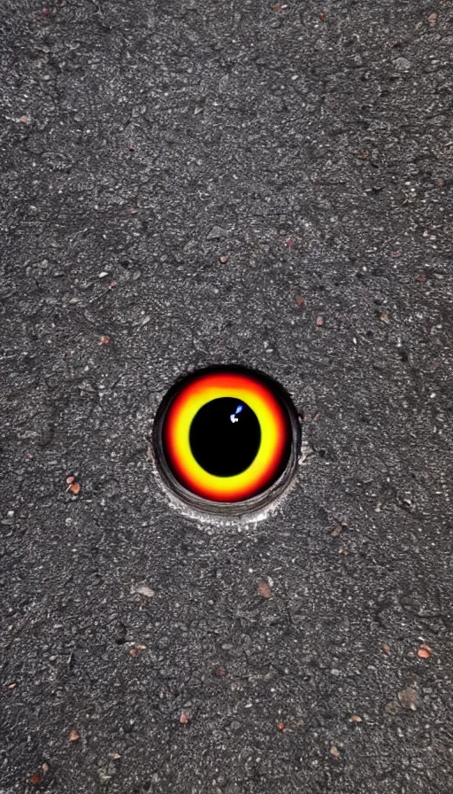 Prompt: photo of a human eye open on an asphalt road, realistic photo, shot with a gopro, looming, colorful, eerie