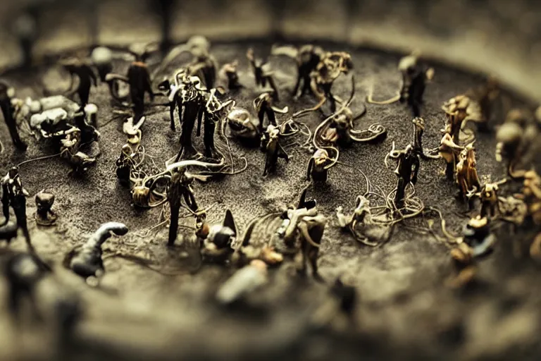 Image similar to miniature figurines of lovecraftian monsters, close up, detail, tilt shift, product photography