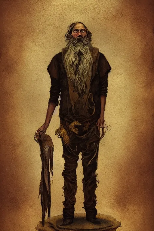 Image similar to full-body portrait of a majestic hobo, brown and gold, rags, beard, missing teeth, by Anato Finnstark, Tom Bagshaw, Brom