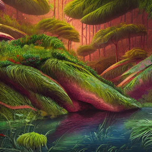 Prompt: beautiful detailed painting of a lush natural scene on a colourful alien planet by vincent bons. ultra sharp high quality digital render. detailed. beautiful landscape. weird vegetation. water. soft colour scheme. grainy.