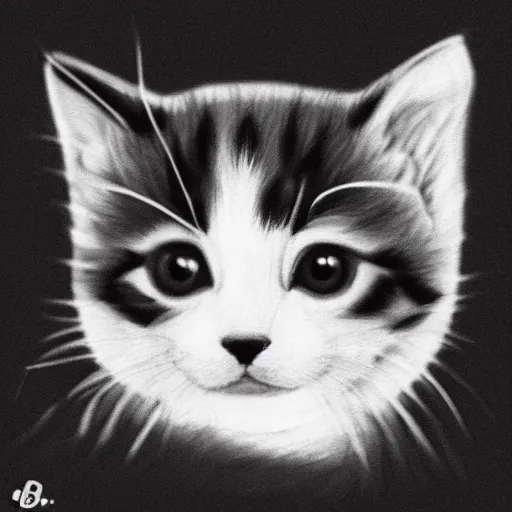 Image similar to black and white marker drawing of a baby kitten, floating head, white background