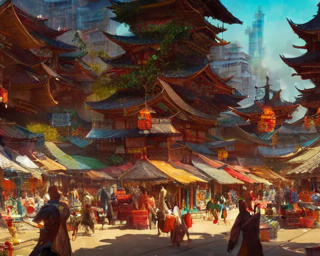 Prompt: colorful, bustling marketplace in a great kitsune city, bamboo, fountain, a fantasy digital painting by Greg Rutkowski and James Gurney, trending on Artstation, highly detailed