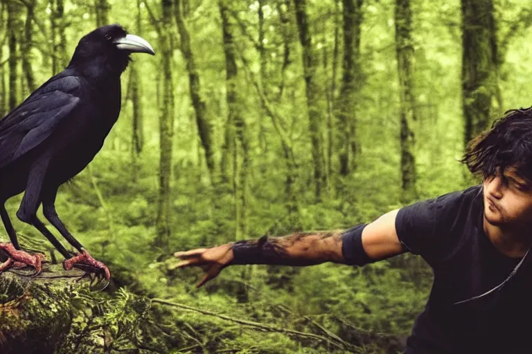 Image similar to !!!!!! human mixed with a crow, photograph captured in a dark forest