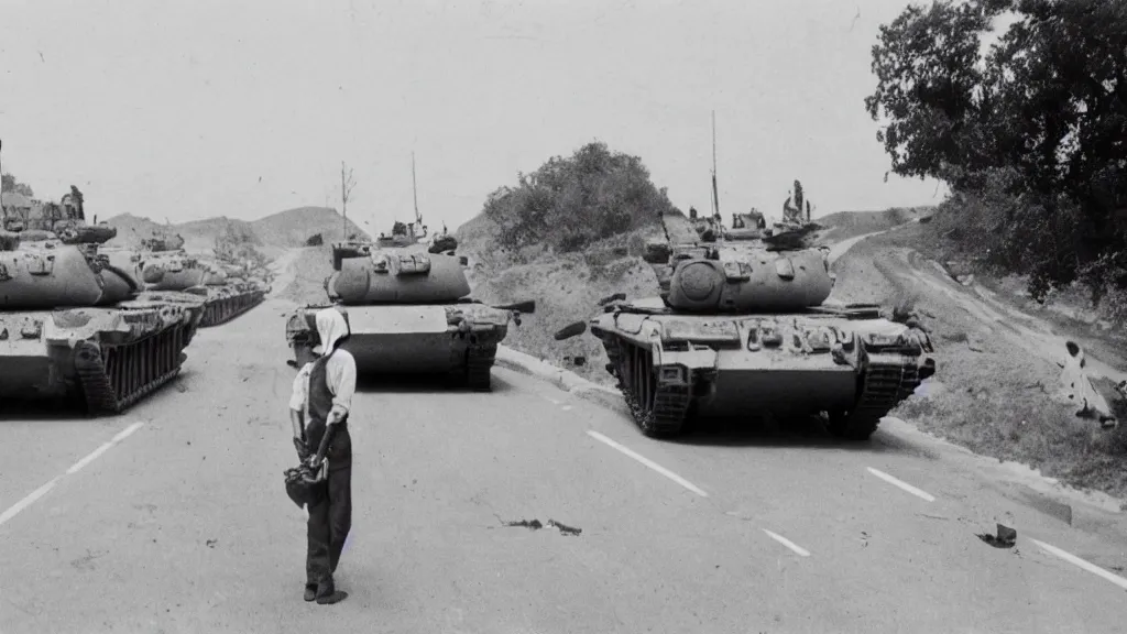 Image similar to old historic photograph with person in white shirt, holding grocery bags, standing alone on the road facing four battle tanks approaching him, intense photo