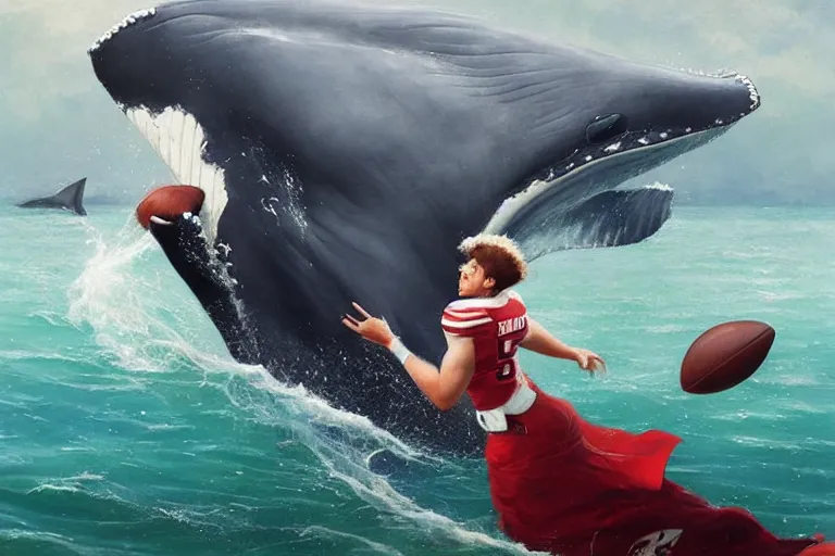 Image similar to a whale who loves patrick mahomes and the nfl, by greg rutkowski, rossdraws, gil elvgren, enoch bolles, anime, very coherent