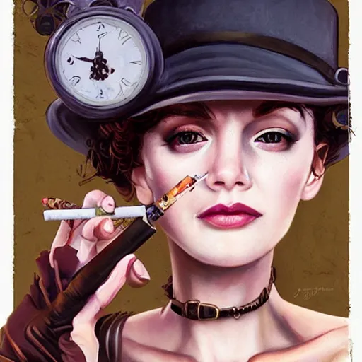 Image similar to a beautiful woman with a cigarette as a steampunk bandit, pixar cute, highly detailed, sharp focus, digital painting, art by martine johanna + joe jusko