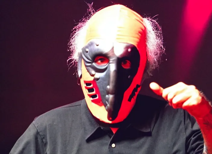 Image similar to publicity photo still of larry david wearing a slipknot mask touring with slipknot live on stage, 8 k, live concert lighting, mid shot