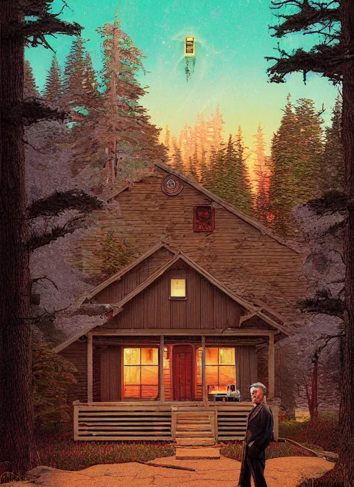 Prompt: Twin Peaks poster artwork by Michael Whelan and Tomer Hanuka, Rendering of Nicola Tesla next to cabin, full of details, by Makoto Shinkai and thomas kinkade, Matte painting, trending on artstation and unreal engine