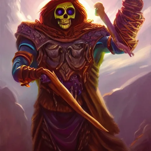 Prompt: portrait painting of skeletor, dnd beyond avatar portraits, beautiful, artistic, elegant, lens flare, magical, nature, realism, stylized, art by jeff easley and genndy tartakovsky