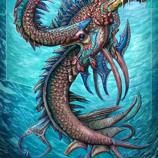 Image similar to underwater sea dragon full body, d & d style, trending on artstation, colorful, intricate, highly detailed art by ilse gort and yugin maffioli