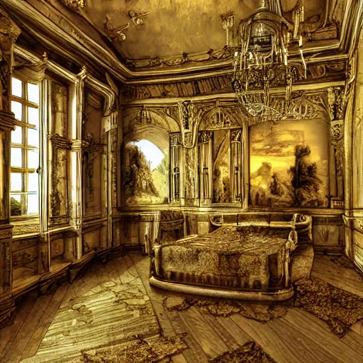 Image similar to castle interior with a magical mirror floating around, digital art