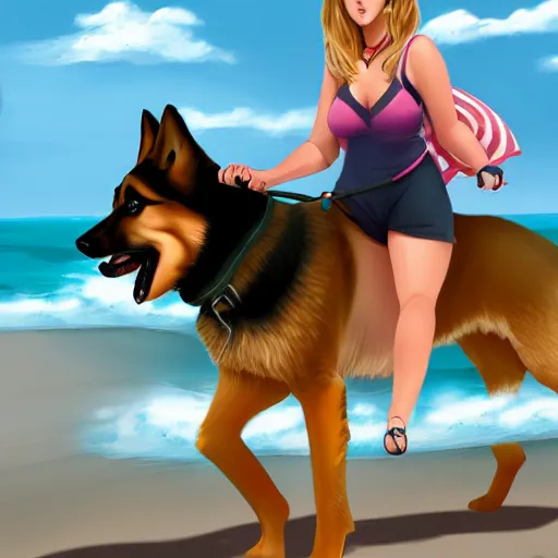 Image similar to girl riding a giant German shepherd at the beach, trending on artstation