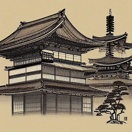 Image similar to a beautiful ink painting of buildings in japanese traditional style, in the style of hiroshi yoshida, at night, light effect, detailed, high - definition, exquisite isolated very detailed, moody lighting, 8 k highly detailed, trending on artstation