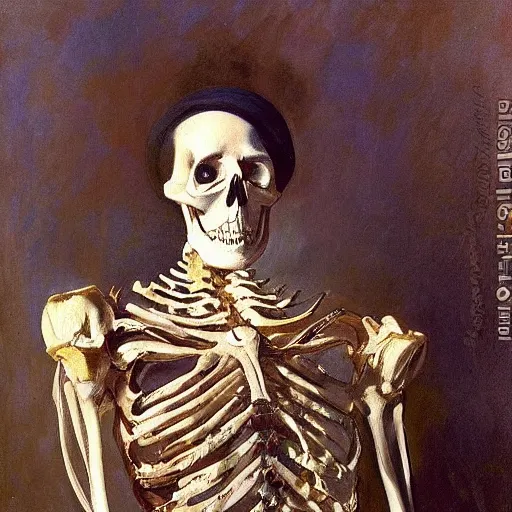 Image similar to A portrait of a skeleton in a Russian Tsar's uniform, painted by John Singer Sargent