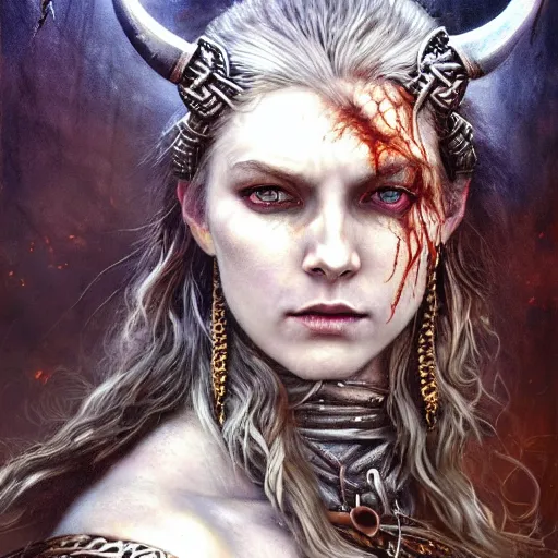 Image similar to Official photo of an attractive majestic fierce viking woman, leader, ethereal, fear, scarred, highly detailed, viking attire, cinematic, 16k, 1080s, by Stanley Artgermm, Tom Bagshaw, Greg Rutkowski, Vincent di Fate, Carne Griffiths, Ayami Kojima, WLOP, trending on DeviantArt, hyper detailed, full of color, digital art,