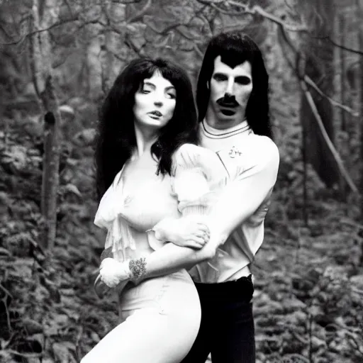 Prompt: medium long shot, 3 / 4 shot, full body, of freddie mercury and kate bush posing, sharp eyes, happy expressions, detailed, black and white, sharp, dreamy, misty woods. mapplethorp