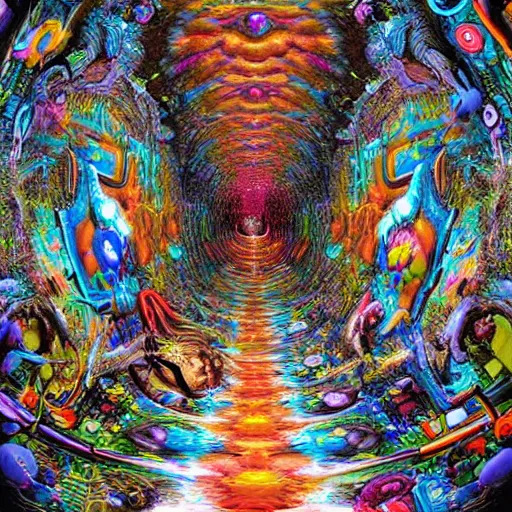 Prompt: portal into a psychotic and unstable dimension, vivid, hyper detailed, chaotic, bizarre, insane, digital art,