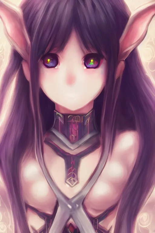 Prompt: adorable young cute anime elf girl, long black hair, fantasy armor, symmetrical face. symmetrical detailed defined eyes. beautiful lineart. bokeh pixiv # 1 ranking depth focus, chromatic aberration, noise, soft lighting, srgb, 4 k, cinematic