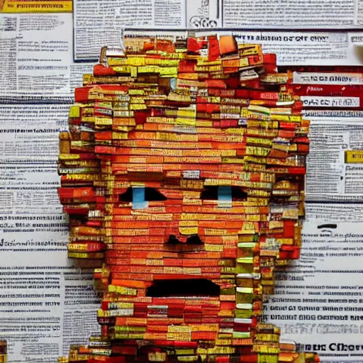 Prompt: a portrait of a donald trump constructed from mcdonalds packaging, collage, trash, layered composition, layers, texture, mcu,, highly textured, layered, sculpted, dynamic,