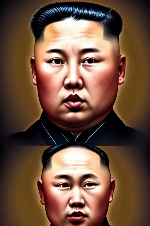 Image similar to vladimir putin with the iconic kim jong un hairstyle, realistic portrait, symmetrical, highly detailed, digital painting, artstation, concept art, smooth, sharp focus, illustration, cinematic lighting, art by artgerm and greg rutkowski and alphonse mucha