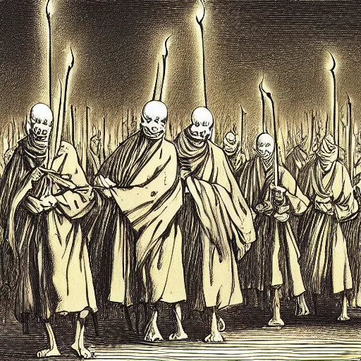 Prompt: illustration of tall monks walking in line holding candles and skulls, ralph steadman, de vinci, francisco goya