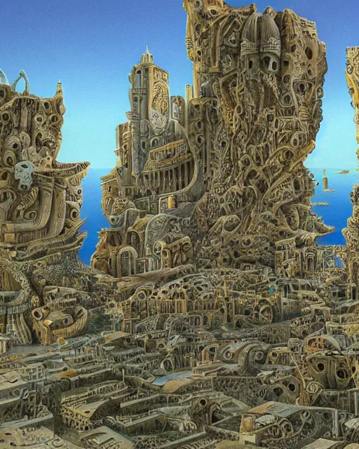 Prompt: city of conversano, apulia by roger dean, biomechanical, 4 k, hyper detailed