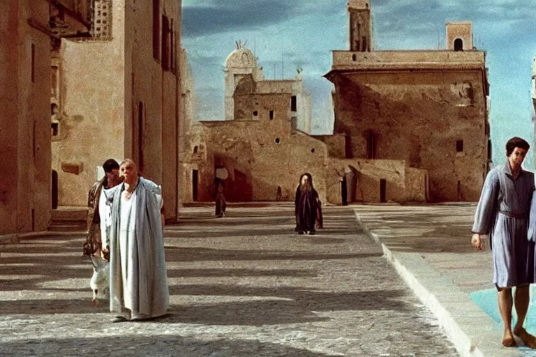 Prompt: a scene from the movie la felicita ( 1 9 7 1 ) by luchino visconti with mastroianni entering a city reminiscent of the ideal city by piero della francesca. technicolor, cinematic, 5 0 mm, highly detailed