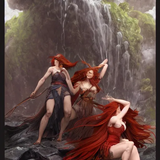 Image similar to an extremely detailed portrait of four polyamorous red haired witches dancing while hiding from a thunderstorm in a cave behind a waterfall, epic fantasy, viewed in profile from far away, sharp focus, detailed face, art by greg rutkowski and alphonse mucha, volumetric lighting, 4 k resolution, trending on artstation, masterpiece