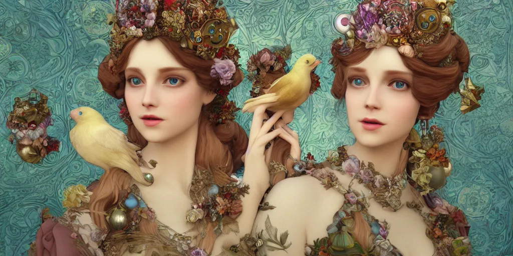 Image similar to face 3 d render of english princess holding birds, ornaments, mucha vibe, dieselpunk, solarpunk, artstation