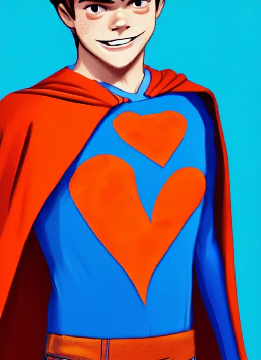 Image similar to friendly teenage archie andrews wearing an orange superhero costume with heart logo, heart, orange costume, blue cape, freckles, cape, heart emblem on chest, heart, blue cape, intricate, elegant, glowing lights, highly detailed, digital painting, artstation, sharp focus, illustration, art by wlop, mars ravelo and greg rutkowski