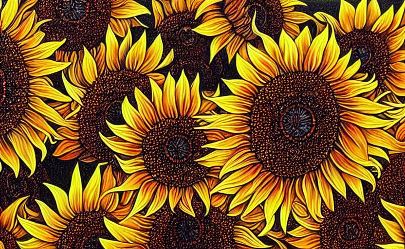 Prompt: a Photorealistic dramatic hyperrealistic sunflowers by Alex Grey