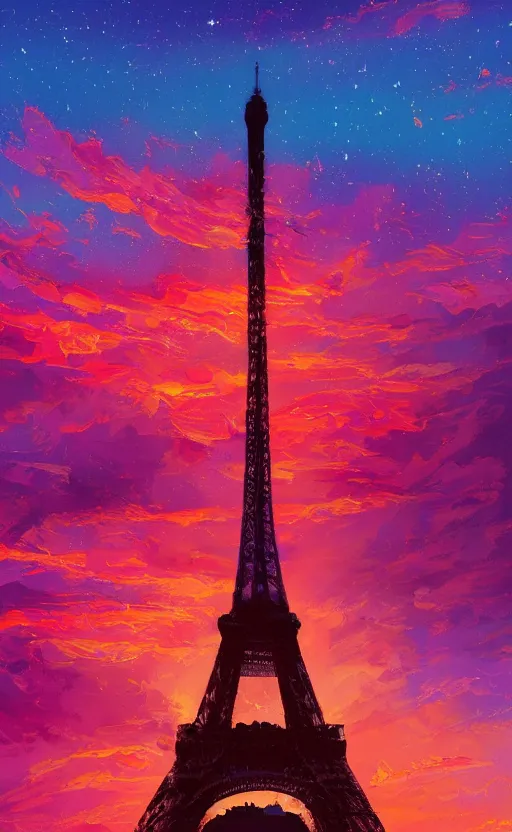 Prompt: a beautiful illustration of the eiffel tower at sunset, art of alena aenami, featured on artstation, vertical orientation, paint brush strokes, expressionism, brushstroke - laden, breathtaking clouds, birds, ocean, beautiful stars, long exposure, gigantic sun, airy theme, red purple gradient, lens flare