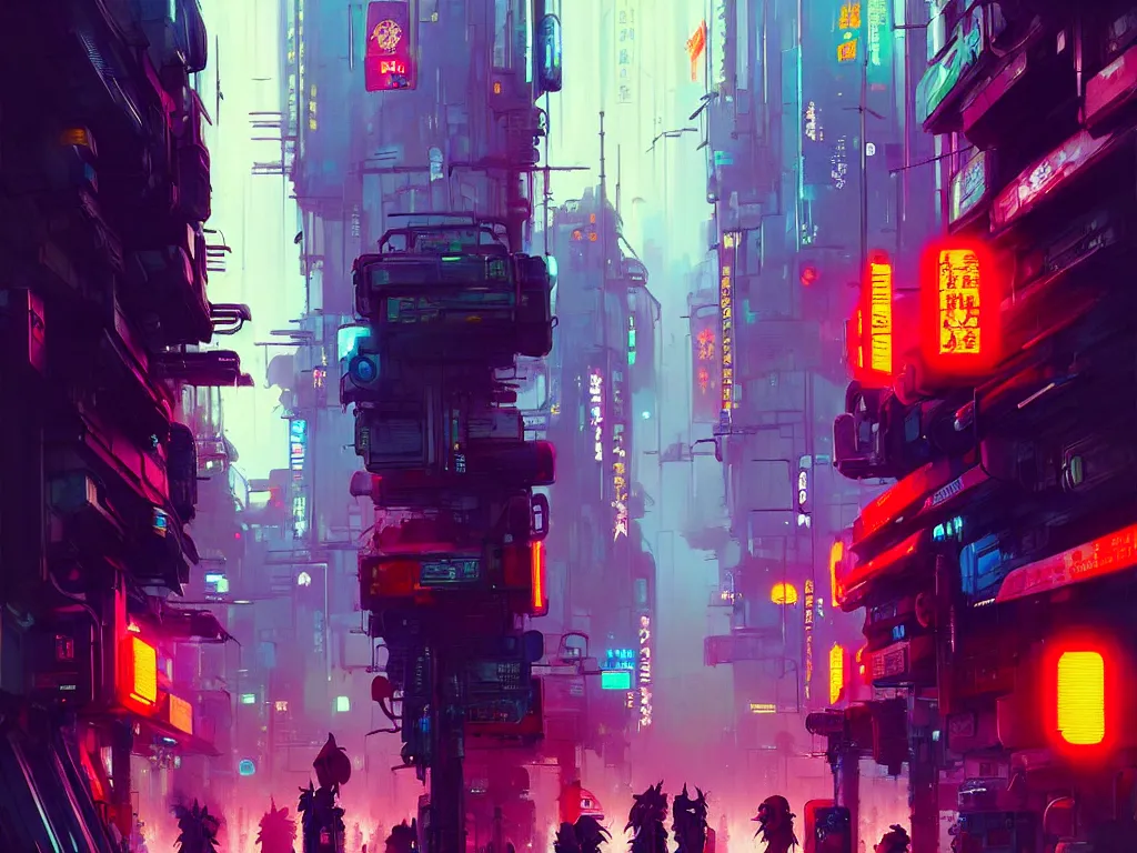 Image similar to concept art of a cyberpunk street filled with people during obon festival, grimy, gritty, blade runner 2 0 4 9, trending on artstation, award winning painting, cgi, art by john berkey and anton fadeev and john howe and simon stalenhag and greg rutkowski