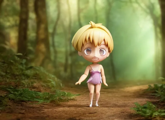 Prompt: blond prima ballerina as nendoroid walking in a forest in the croods movie style, anime, disney, pixar, 8 k, hd, dof, kodak film, volumetric lighting, subsurface scattering, photorealistic, octane render, details