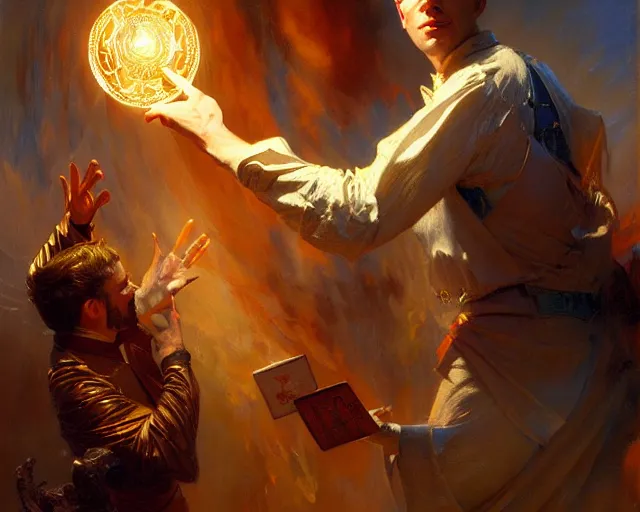 Image similar to attractive magician man, casting light magic, summoning a handsome god. highly detailed painting by gaston bussiere, craig mullins, j. c. leyendecker 8 k