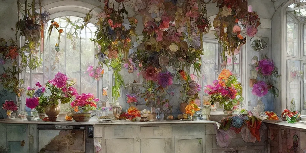 Prompt: a beautifull intricate watercolor painting of a kitchen with flowers, reflexions, verry high details, colorfull, by william turner art, by greg rutkowski, by alphonse mucha, by james jean, by rossdraws, by frank franzzeta, by sakimichan, trending on artstation, very very detailed, masterpiece,