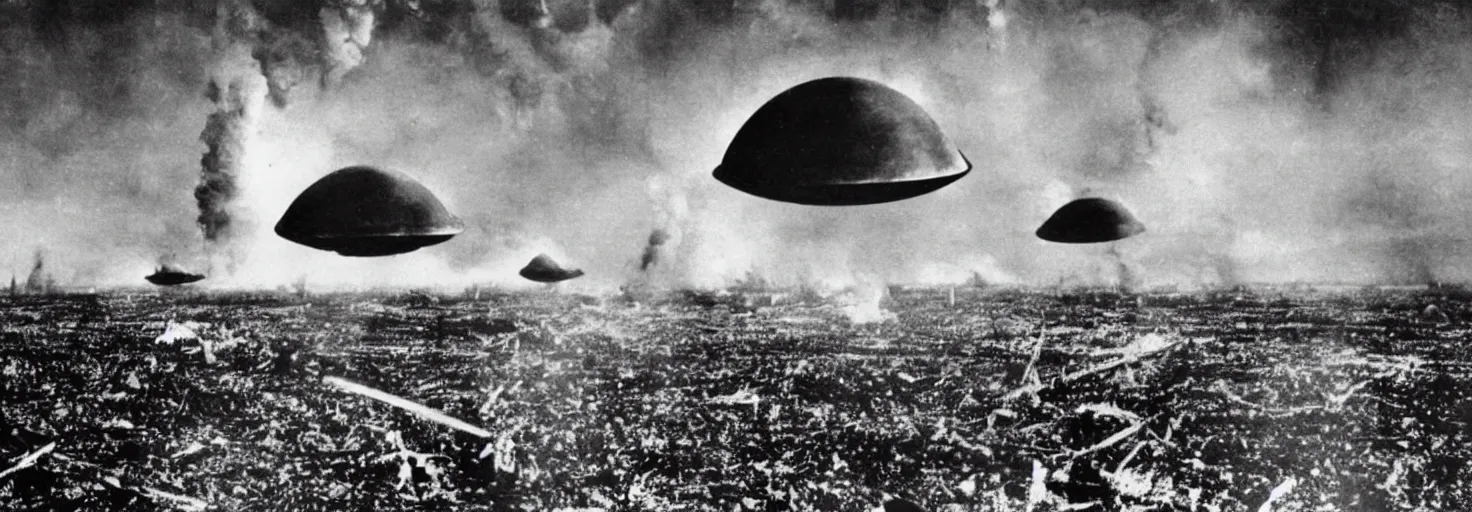 Prompt: Invasion of an alien life form in Germany, black and white photography, World War II, destruction, ufo, flying saucers, laser weapons, outerspace, technology