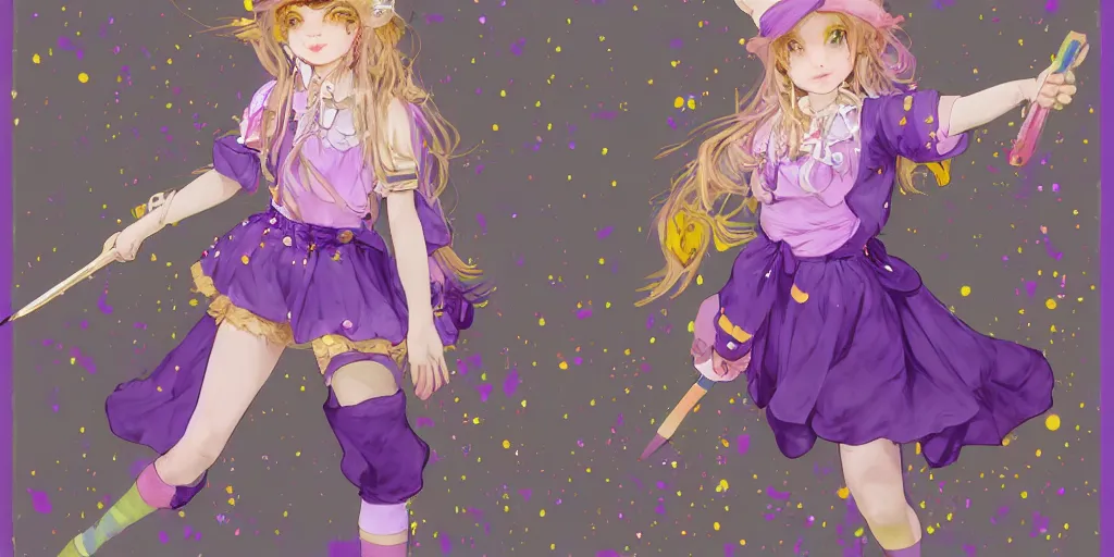 Image similar to A character sheet of a cute magical girl holding a paintbrush with short blond hair and freckles wearing an oversized purple Beret, Purple overall shorts, jester shoes, flowing golden scarf, and white leggings covered in stars. Rainbow accents on outfit. Concept Art painting. By WLOP. By XA Gueuzav. By Artgerm. By Alphonse Mucha. Decora. harajuku street fashion. Cosplay. E-Girl. Kawaii Design