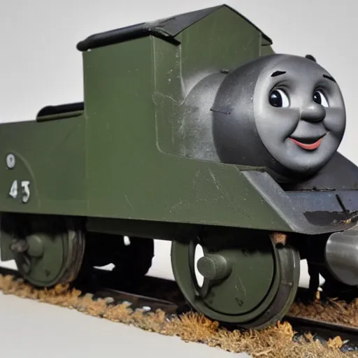 Prompt: german world war two artillery train with thomas the tank engine's face, old worn photograph