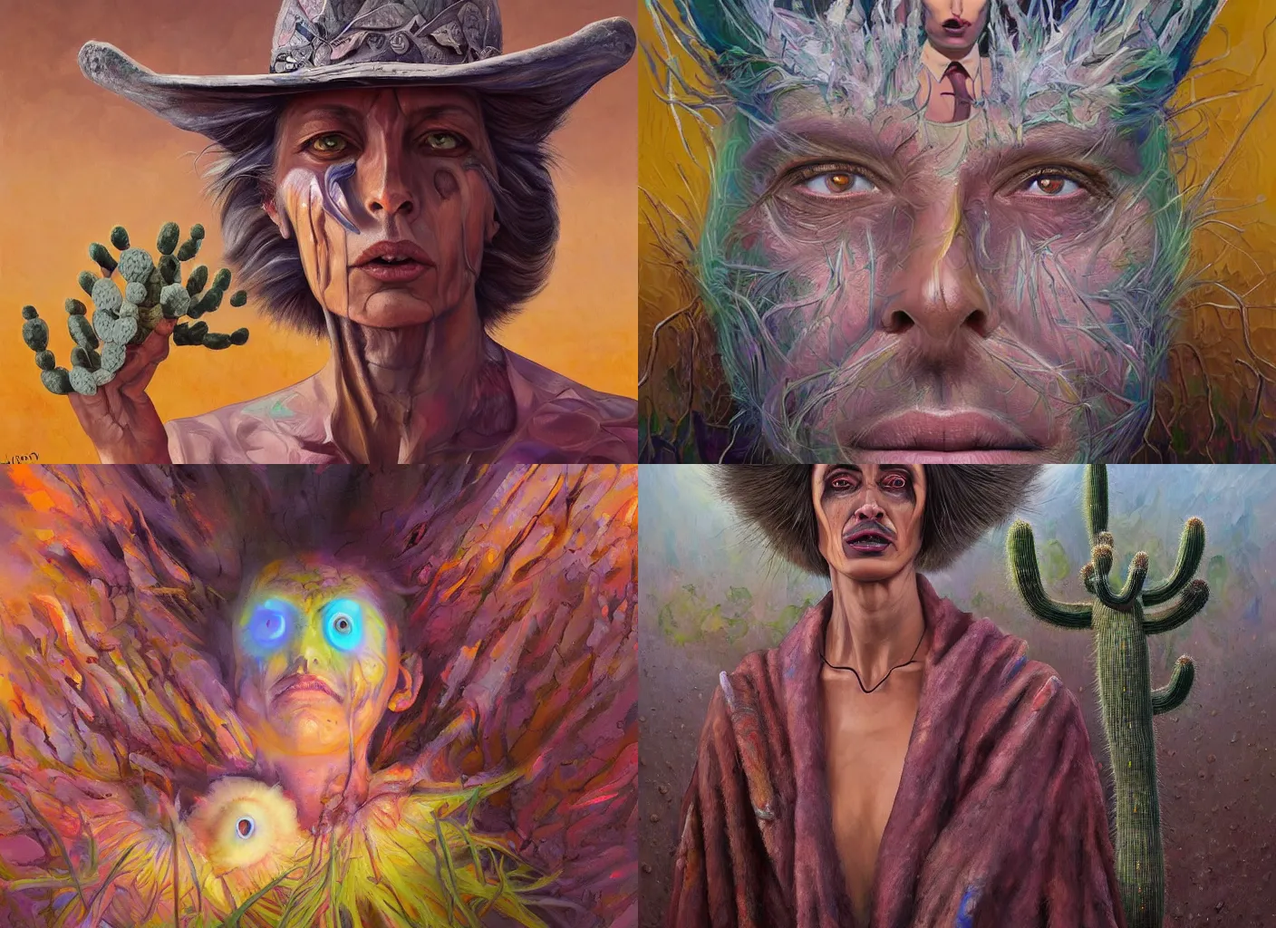 Prompt: alejandro jodorowsky portrait, peyote cactus desert, oil painting of gloomy abstract surrealist forms by yvonne mcgillivray by mandy jurgens by michael divine, powerful eyes glowing highly detailed painting of gloomy, spiritual abstract forms, symmetrical, artstation, abstract emotional rage expression, fantasy digital art, patterned visionary art, by michael divine, cosmic nebula