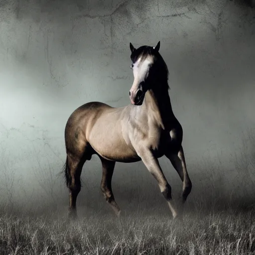 Image similar to horse in creepy scary nightmare atmosphere, realsitic