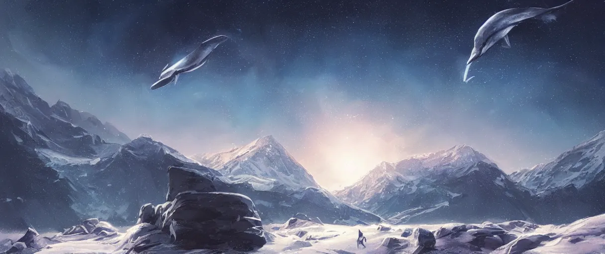 Image similar to blue whale flying in sky, above mountains, concept art, snow, starry sky, nighttime, full moon, by Jordan grimmer, realistic, high detail
