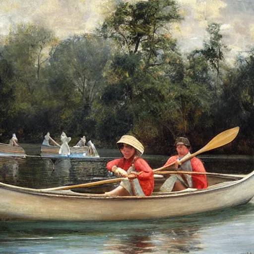 Prompt: a charles r knight painting of kappa rowing a boat